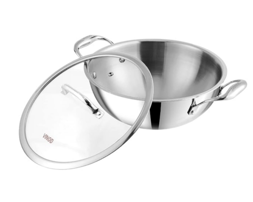 Vinod Platinum Triply Stainless Steel Extra Deep Kadai with Glass Lid 2.5 Litre (22 cm) | 2.5mm Thick | Kadai for Cooking | Heavy Base | Induction & Gas Base | 5 Year Warranty